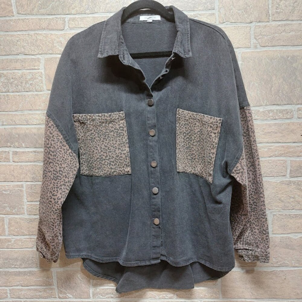 Womens Black Button-Front Jacket with Leopard Pocket & Sleeve Accents